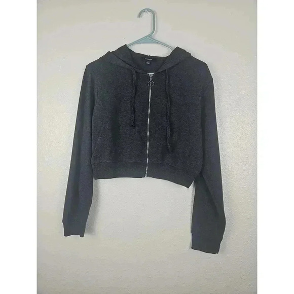 Ambiance Gray Cropped Zip Up Hooded Jacket Size Medium - Picture 1 of 7